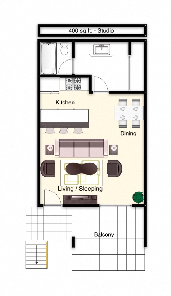 Floor plan for studio, 1 bath, 390 sqft